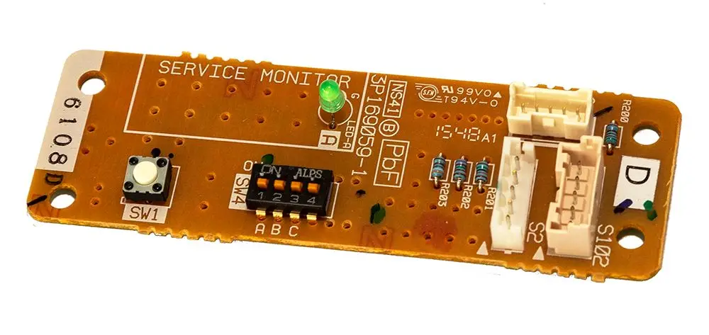 Platine mit mehreren Anschlussbuchsen und Tasten, gekennzeichnet mit "SERVICE MONITOR" und "DAIKIN". Enthält grüne LED-Anzeige und Widerstände. Einsatz in Klimageräten.